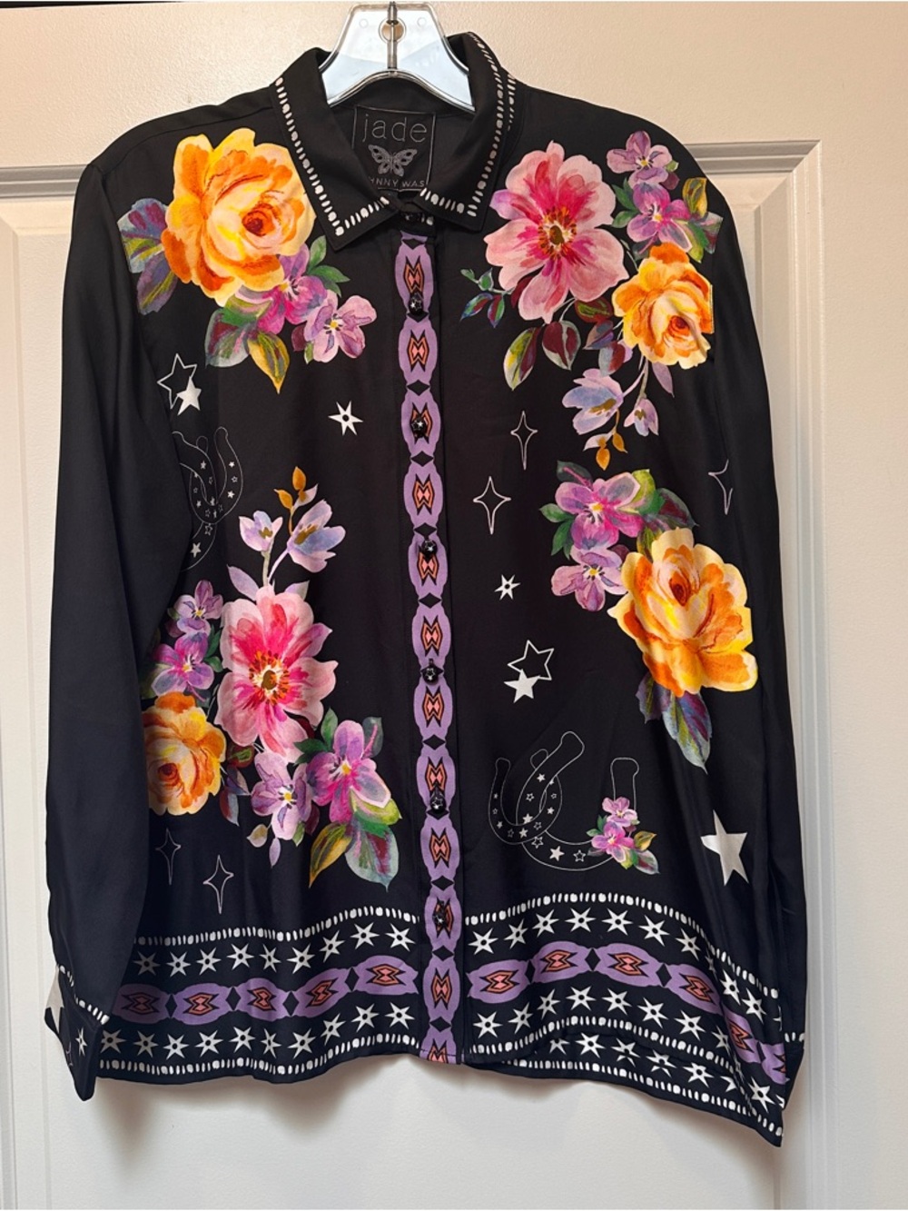 Johnny Was Jade Black Button-Down Blouse Small Floral Cowboy Print NWT